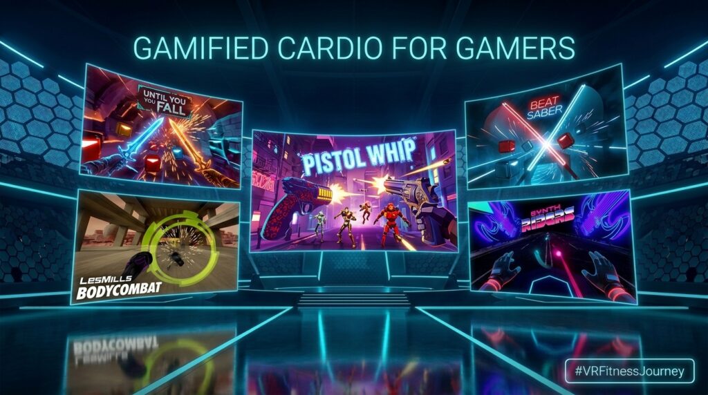 Gamified cardio for gamers 5 VR fitness titles featuring Pistol Whip Until You Fall Beat Saber Les Mills and Synth Riders