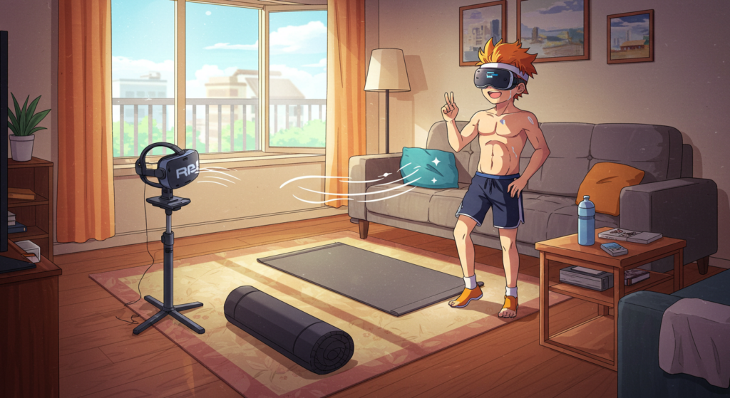 Anime-style VR fitness setup with yoga or gaming mat and fan.
