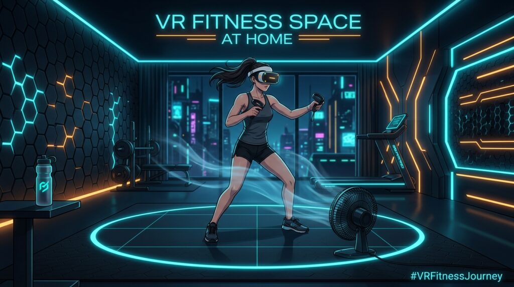 VR fitness space at home female gamer on tactile boundary mat with cooling fan