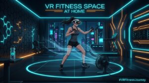 VR fitness space at home female gamer on tactile boundary mat with cooling fan