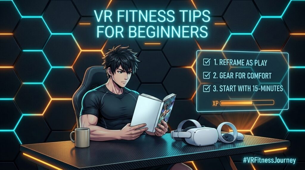 VR fitness tips for beginners gamer reading Get Fit with Virtual Reality by Ricardo Garcia with holographic strategy checklist