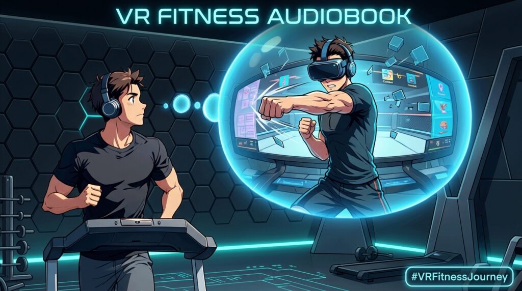 VR fitness audiobook listener running on treadmill and virtual boxing avatar