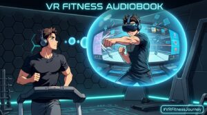 VR fitness audiobook listener running on treadmill and virtual boxing avatar