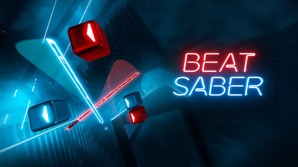 Beat Saber logo featuring red and blue neon lightsabers slicing through directional cubes against a dark, futuristic background.