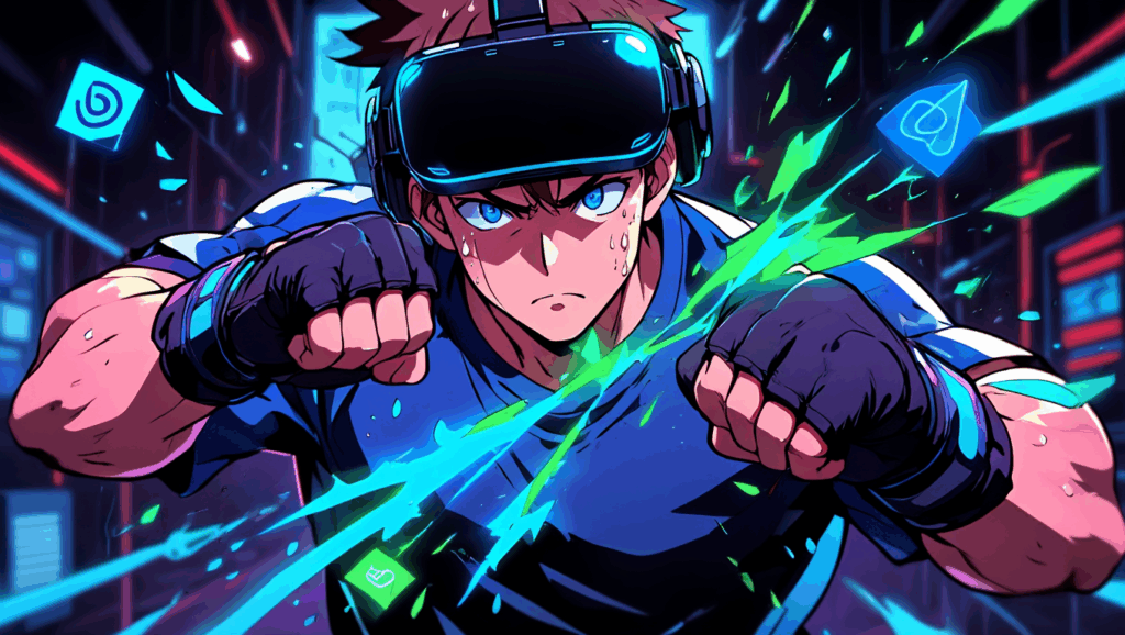 An anime-style male gamer in a VR headset overcomes VR fitness beginner challenges, shown as shattering debuff icons while in a dynamic fighting pose.