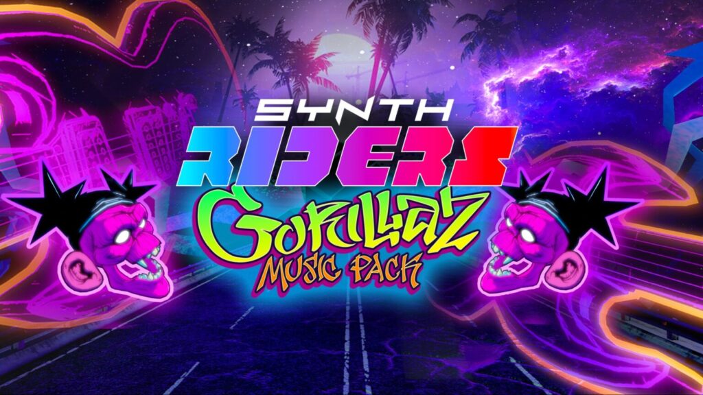 Synth Riders Gorillaz Music Pack promotional banner featuring stylized neon pink gorilla heads, palm trees, and a retro-futuristic synthwave highway.