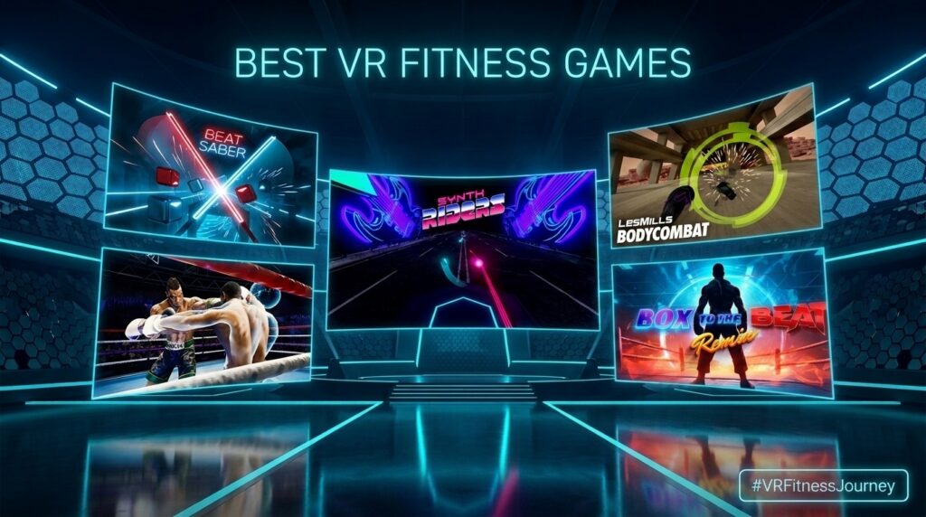 Best VR fitness games 3D arena tier list featuring Beat Saber Synth Riders Les Mills Creed and Box to the Beat Remix