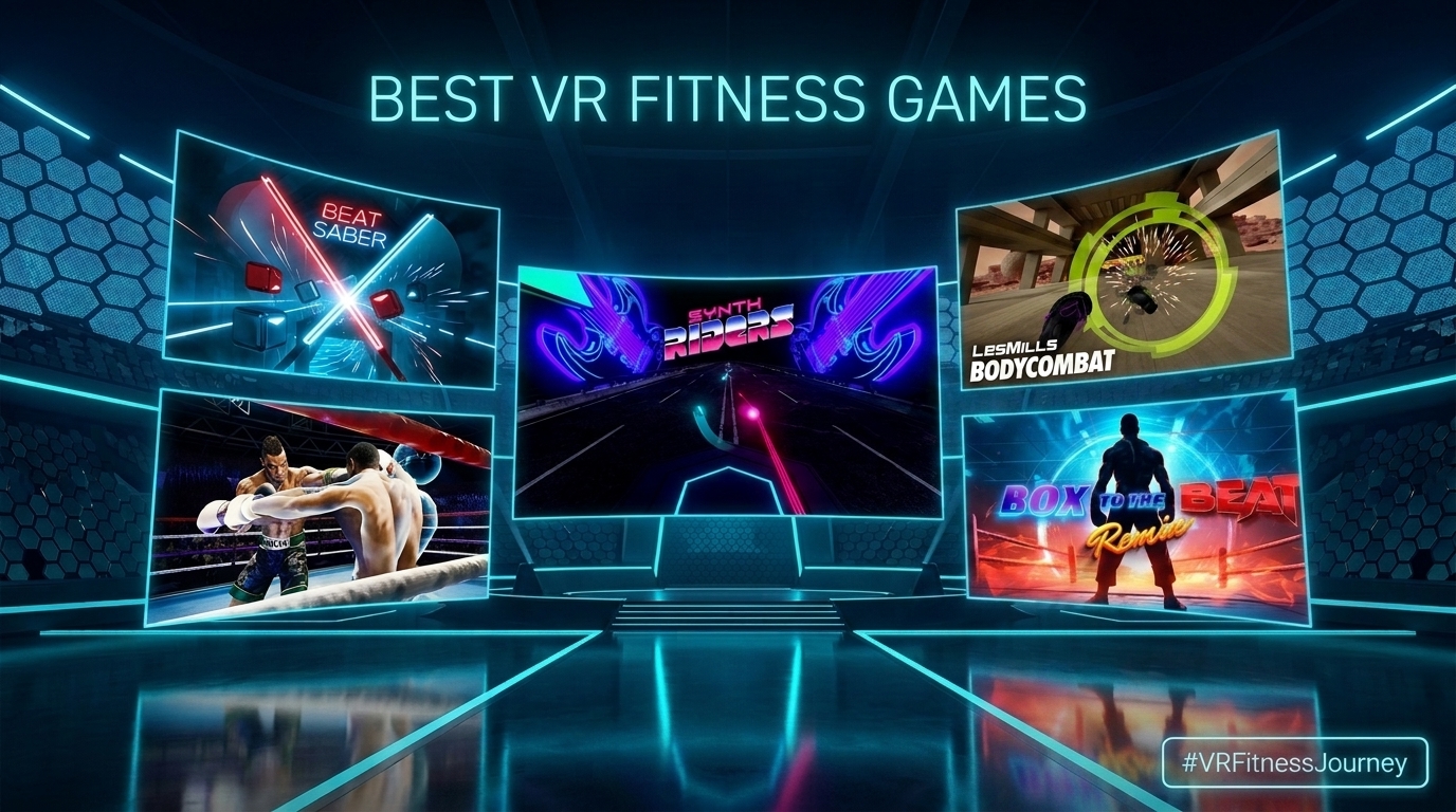 Best VR fitness games 3D arena tier list featuring Beat Saber Synth Riders Les Mills Creed and Box to the Beat Remix