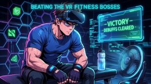 Fighter catching his breath with cooling fan, icy electrolyte bottle, and glowing holographic VICTORY - DEBUFFS CLEARED screen in the Cyber-Mainframe gym.
