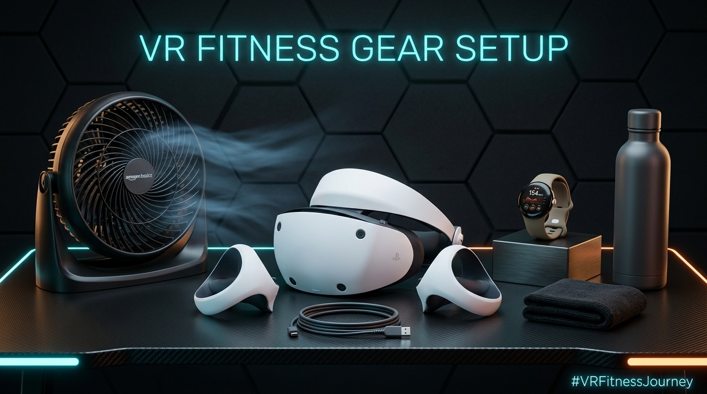 VR fitness gear setup PSVR2 Pixel Watch sweatband and Amazon Basics air circulator fan
