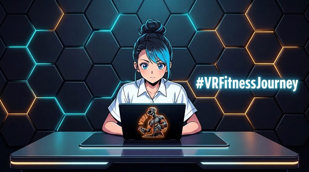 VR Fitness Journey blog hub anime character with VRFJ laptop and hashtag
