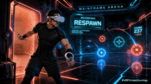 Supernatural VR relaunch: gamer in a Quest headset swings controllers at glowing red and blue targets in a neon arena