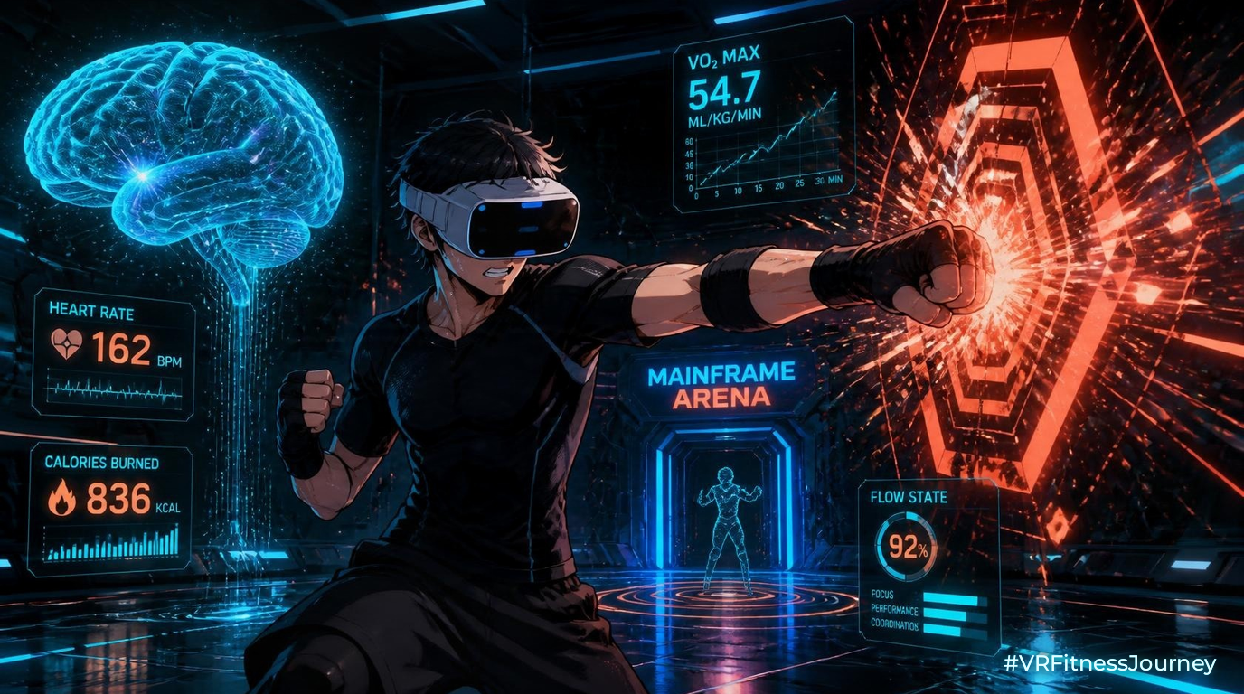 Does VR exercise work? Gamer in a VR headset throws a punch beside a glowing brain and holographic fitness stats
